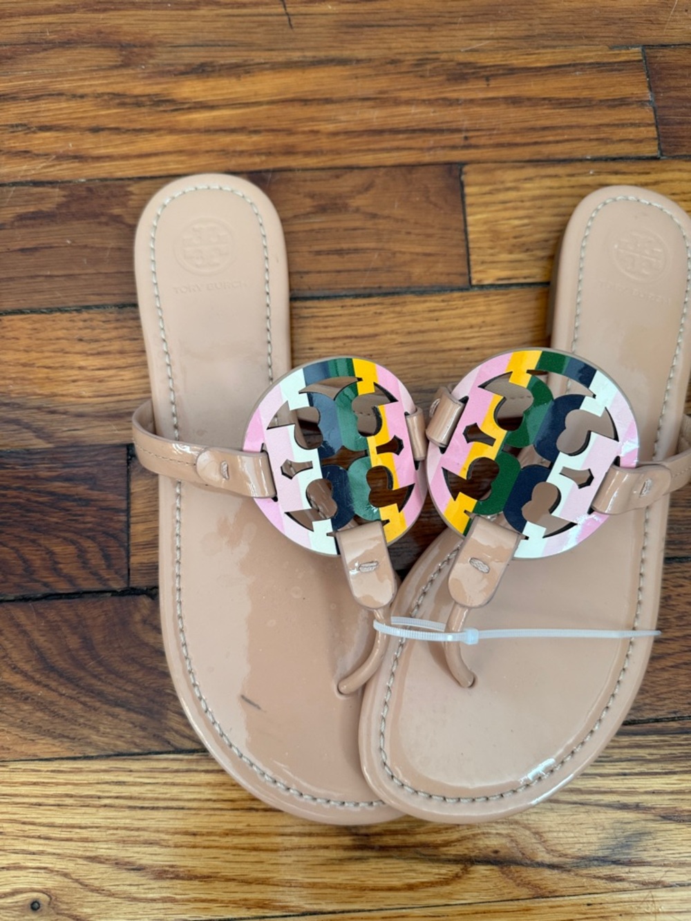 Tory Burch Nude Patent Miller Sandal with Multicolor Logo Circles 9.5